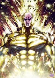 Rule 34 | 1boy, abs, black sclera, bodysuit, colored sclera, frown, gold, golden sperm, highres, looking at viewer, male focus, muscular, one-punch man, signature, skin tight, solo, sparkle, the golden smurf, upper body, veins
