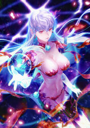 Rule 34 | 1girl, armor, bikini armor, blue flower, body markings, breasts, cleavage, coma2, commentary request, earrings, fate/grand order, fate (series), floating hair, flower, glowing, glowing hair, hair between eyes, halo, highres, jewelry, kama (beast iii/l) (fate), kama (fate), large breasts, lips, long hair, looking at viewer, navel, parted lips, petals, pink lips, red eyes, revealing clothes, solo, stomach, white hair