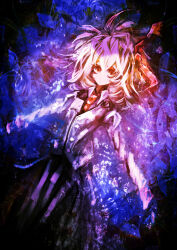 Rule 34 | 1girl, black skirt, blazer, blonde hair, buttons, closed mouth, collared shirt, commentary request, cowboy shot, denpa rasaito, expressionless, hair ribbon, highres, jacket, long sleeves, looking at viewer, medium bangs, medium hair, messy hair, necktie, purple background, red eyes, red necktie, red ribbon, ribbon, rumia, shirt, skirt, solo, touhou, white jacket, white shirt