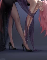 Rule 34 | 1girl, bare shoulders, bent over, black dress, black footwear, breasts, dress, from side, genshin impact, high heels, highres, jewelry, long hair, m alexa, medium breasts, necklace, pantyhose, parted lips, patent heels, pink hair, print dress, pumps, shoes, signature, solo, starry sky print, twitter username, v arms, yae miko
