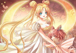 Rule 34 | 2girls, bare shoulders, bishoujo senshi sailor moon, blonde hair, blue eyes, breasts, chibi usa, cleavage, cone hair bun, crescent, crescent facial mark, double bun, dress, facial mark, hair bun, hair ornament, hairpin, hug, kom (water0371), large breasts, long hair, mother and daughter, multiple girls, pink background, pink eyes, pink hair, princess serenity, short hair, shy, small lady serenity, smile, strapless, strapless dress, tsukino usagi, twintails, very long hair, white dress