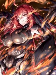 Rule 34 | 1girl, ahoge, armor, bodystocking, boobplate, breastplate, breasts, cleavage, fire, goddess of victory: nikke, grin, hair between eyes, heta2624, highres, large breasts, long hair, looking at viewer, mechanical tail, nihilister (nikke), red eyes, red hair, see-through, see-through cleavage, sidelocks, smile, solo, tail, torn bodystocking, torn clothes