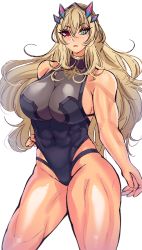 Rule 34 | 1girl, abs, adapted costume, bare shoulders, blonde hair, blush, breasts, barghest (fate), fate/grand order, fate (series), green eyes, heterochromia, highleg, highres, horns, large breasts, long hair, looking at viewer, muscular, muscular female, red eyes, solo, thighs, volyz