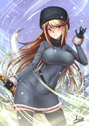 Rule 34 | 1girl, adsouto, alternate costume, blonde hair, blush, breasts, dress, frown, gloves, hat, highres, holding, holding sword, holding weapon, large breasts, long hair, looking at viewer, mythra (xenoblade), nintendo, solo, swept bangs, sword, thighhighs, weapon, xenoblade chronicles (series), xenoblade chronicles 2, yellow eyes