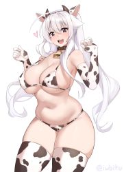 Rule 34 | 1girl, :d, ahoge, animal ears, animal print, bare shoulders, bell, bikini, breasts, brown eyes, collar, commentary, covered erect nipples, cow ears, cow girl, cow horns, cow print, cow print bikini, cowbell, cowboy shot, elbow gloves, fake animal ears, fake horns, gloves, hair between eyes, hairband, hands up, heart, highres, horns, iwbitu, large breasts, long hair, looking at viewer, navel, neck bell, nyopu, open mouth, original, print bikini, print gloves, print thighhighs, simple background, skindentation, smile, solo, star (symbol), star in eye, stomach, swimsuit, symbol-only commentary, symbol in eye, teeth, thick eyebrows, thighhighs, twintails, twitter username, upper teeth only, white background, white hair
