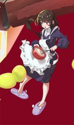 Rule 34 | 1girl, apron, blue dress, bowl, brown hair, cropped, donuttypd, dress, female focus, food, frilled apron, frills, fruit, full body, grapes, holding, long hair, long sleeves, looking at viewer, open mouth, original, pigeon-toed, pot, puffy long sleeves, puffy sleeves, red background, red eyes, sidelocks, simple background, slippers, solo, standing, stirring, whisk, white apron
