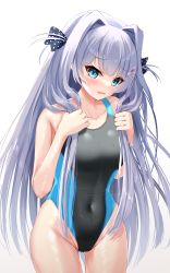 Rule 34 | 1girl, 9-nine-, absurdres, black one-piece swimsuit, blue eyes, commentary request, competition swimsuit, groin, hair ribbon, highleg, highleg swimsuit, highres, holding, holding hair, kousaka haruka, long hair, looking at viewer, ncontrail (mgax7527), one-piece swimsuit, ribbon, silver hair, simple background, solo, swimsuit, white background