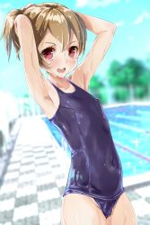Rule 34 | 1girl, absurdres, armpits, arms behind head, arms up, blue one-piece swimsuit, blue sky, blurry, blurry background, blush, breasts, brown hair, chain-link fence, covered navel, cowboy shot, day, depth of field, fence, highres, kntrs (knyrs), looking at viewer, one-piece swimsuit, open mouth, outdoors, ponytail, pool, poolside, red eyes, school swimsuit, shiny clothes, shiny skin, short hair, silica, sky, small breasts, smile, solo, standing, swimsuit, sword art online, wet