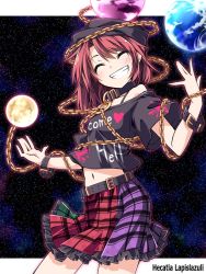 Rule 34 | 1girl, bare shoulders, belt, blush, bracelet, chain, character name, closed eyes, clothes writing, collar, cowboy shot, earth (planet), facing viewer, grin, hat, hecatia lapislazuli, hemogurobin a1c, jewelry, midriff, moon, multicolored clothes, multicolored skirt, navel, outside border, planet, red hair, shirt, skirt, sky, smile, solo, space, star (sky), starry sky, touhou