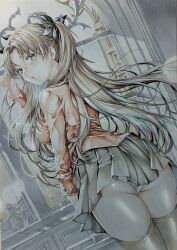 Rule 34 | 1girl, absurdres, ass, breasts, brown hair, colored pencil (medium), cowboy shot, fate/stay night, fate (series), green eyes, grey skirt, grey thighhighs, hair ribbon, hand up, highres, indoors, jacket, katsu (24791909), long hair, looking at viewer, looking back, marker (medium), medium breasts, miniskirt, panties, pantyshot, parted lips, pleated skirt, red jacket, ribbon, skirt, skyline, thighhighs, thighs, tohsaka rin, traditional media, twintails, underwear, upskirt, white panties, window