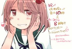 Rule 34 | 1girl, anniversary, blue neckerchief, blue sailor collar, commentary request, hair bobbles, hair ornament, hands on own face, izumiyamisono, jewelry, kantai collection, neckerchief, pink eyes, pink hair, ring, sailor collar, sazanami (kancolle), school uniform, serafuku, short hair, solo, translation request, twintails, upper body, wedding ring