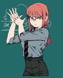 Rule 34 | 1girl, black-framed eyewear, black pants, blue shirt, braid, braided ponytail, chainsaw man, chalkboard, closed mouth, collared shirt, cropped legs, glasses, green background, grey shirt, hands up, highres, long hair, looking at viewer, makima (chainsaw man), math, necktie, orange eyes, over-rim eyewear, own hands together, pants, photo-referenced, ringed eyes, semi-rimless eyewear, shirt, shirt tucked in, simple background, single braid, sleeves past elbows, smile, solo, soo05120512, striped necktie