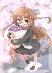 Rule 34 | 1girl, black sailor collar, black serafuku, black shirt, black skirt, bouquet, brown eyes, brown hair, cloud, commentary request, flower, from above, full body, fyuo, glasses, highres, hugging object, kantai collection, long hair, long sleeves, mochizuki (kancolle), one-hour drawing challenge, red-framed eyewear, sailor collar, school uniform, semi-rimless eyewear, serafuku, shirt, skirt, smile, solo, standing