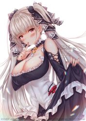 Rule 34 | 1girl, artist name, azur lane, bare shoulders, between breasts, black dress, blush, breasts, chie00chan, cleavage, cowboy shot, dress, earrings, formidable (azur lane), frilled dress, frills, grey hair, hair ribbon, highres, jewelry, large breasts, long hair, long sleeves, looking at viewer, nail polish, red eyes, ribbon, skirt hold, solo, twintails, two-tone dress, two-tone ribbon, very long hair