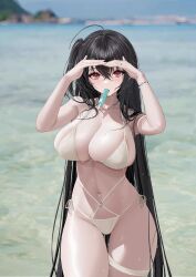 Rule 34 | 1girl, absurdres, ahoge, awwwwys, azur lane, beach, bikini, black hair, blurry, blurry background, bracelet, breasts, cleavage, collarbone, contrapposto, cowboy shot, criss-cross straps, crossed bangs, curvy, food in mouth, hair between eyes, hands up, highres, huge breasts, jewelry, light blush, long hair, looking at viewer, navel, ocean, official alternate costume, one side up, outdoors, popsicle in mouth, red eyes, ring, shading eyes, side-tie bikini bottom, skindentation, solo, stomach, string bikini, swimsuit, taihou (azur lane), taihou (seaside daydreams) (azur lane), thigh gap, thigh strap, thighs, very long hair, wet, wet bikini, white bikini, wide hips