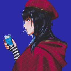 Rule 34 | 1girl, beret, black hair, black nails, blue background, candy, cigarette candy, cloak, commentary, fingernails, food, food in mouth, from side, grey hair, hand up, hat, holding, hololive, hololive english, hood, hooded cloak, janwahli, light blush, long fingernails, long hair, mouth hold, multicolored hair, plaid cloak, plaid headwear, profile, red cloak, red hat, shiori novella, simple background, solo, striped arm warmers, symbol-only commentary, two-tone hair, upper body, virtual youtuber, yellow eyes