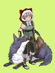 Rule 34 | 1boy, animal hood, belt, boots, bow, brown belt, brown footwear, brown gloves, buubuu (loli69), cat hood, closed mouth, commentary request, expressionless, fingerless gloves, full body, gloves, green background, green scarf, green shirt, green shorts, grey eyes, grey hair, hood, hood up, looking at viewer, male focus, pouch, ragnarok online, ranger (ragnarok online), red hood, saddle, scarf, shirt, short hair, shorts, simple background, sleeveless, sleeveless shirt, solo, standing, white bow, wolf