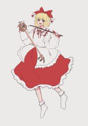Rule 34 | 1girl, :d, blonde hair, bow, detached sleeves, erhu, hair bow, hair ornament, hair ribbon, highres, instrument, japanese clothes, long sleeves, open mouth, potatotiger1, red bow, ribbon, satsuki rin, shirt, short hair, simple background, skirt, smile, solo, touhou, white background, wide sleeves