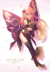 Rule 34 | 1girl, 2017, arm warmers, asymmetrical legwear, bare shoulders, black legwear, black shirt, butterfly wings, character name, clenched hand, commentary, flower, full body, goodsmile racing, green eyes, hair flower, hair ornament, high heels, highres, holding own arm, insect wings, long hair, megurine luka, mochityoko, open mouth, outstretched arm, pink hair, purple flower, shirt, sideways glance, sleeveless, sleeveless shirt, smile, solo, sparkle, uneven legwear, vocaloid, wings