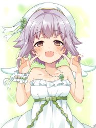 Rule 34 | 1girl, :d, bare arms, bare shoulders, beret, blush, breasts, brown eyes, brown hair, clover, collarbone, commentary request, dress, four-leaf clover, hands up, hat, idolmaster, idolmaster cinderella girls, index finger raised, jewelry, koshimizu sachiko, necklace, omuretsu, open mouth, small breasts, smile, solo, strapless, strapless dress, white dress, white hat