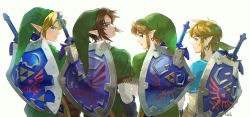 Rule 34 | 4boys, blonde hair, blue eyes, blue tunic, crossover, earrings, from behind, green headwear, green tunic, highres, hylian shield, jewelry, link, long sleeves, looking back, low ponytail, male focus, medium hair, multiple boys, nintendo, parted bangs, parted lips, pointy ears, pra 11, shield, shield on back, shirt, short hair, sidelocks, smile, sword, the legend of zelda, the legend of zelda: breath of the wild, the legend of zelda: ocarina of time, the legend of zelda: skyward sword, the legend of zelda: twilight princess, triforce, upper body, weapon, weapon on back, white background, white shirt