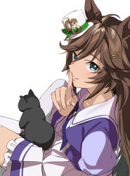 Rule 34 | 1girl, ahoge, animal, animal on lap, black cat, breasts, brown hair, cat, cat on lap, closed mouth, finger to mouth, green eyes, hair ornament, hairclip, hat, horse tail, long hair, looking at viewer, mini hat, mini top hat, misu kasumi, mr. c.b. (umamusume), on lap, puffy short sleeves, puffy sleeves, purple shirt, sailor collar, school uniform, shirt, short sleeves, shushing, simple background, sitting, skirt, small breasts, smile, solo, tail, top hat, tracen school uniform, umamusume, white background, white skirt