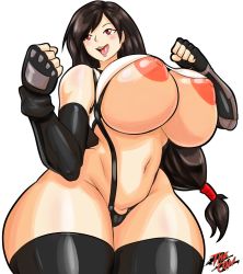 Rule 34 | 1girl, areola slip, bare shoulders, black gloves, black hair, black thighhighs, breasts, cleft of venus, copyright name, cowboy shot, crop top, curvy, final fantasy, final fantasy vii, fingerless gloves, gloves, highres, huge breasts, legs together, long hair, looking away, looking to the side, low-tied long hair, navel, no bra, puffy areolae, red eyes, revealing clothes, simple background, solo, standing, sweat, thecon, thick thighs, thighhighs, thighs, tifa lockhart, underboob, upper body, very long hair, white background, wide hips