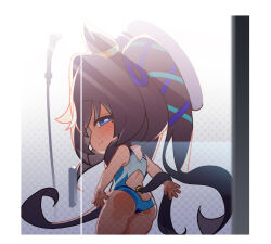 Rule 34 | 1girl, against glass, animal ears, ass, back cutout, blue eyes, blue one-piece swimsuit, blue pupils, blue ribbon, brown hair, chibi, closed mouth, clothing cutout, commentary, ear ornament, from behind, hair ribbon, hat, horse ears, horse girl, horse tail, horseshoe ornament, long hair, looking at viewer, looking back, mole, mole under eye, one-piece swimsuit, profile, ribbon, shower (place), smirk, solo, swimsuit, tail, thighs, umamusume, very long hair, vivlos (umamusume), warashi, white hat, white one-piece swimsuit