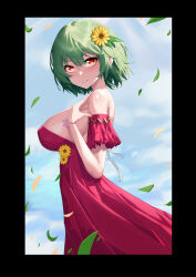 Rule 34 | 1girl, absurdres, black border, blue sky, border, breasts, closed mouth, commentary request, dress, flower, green hair, hair flower, hair ornament, highres, kazami yuuka, large breasts, leaf, looking at viewer, outdoors, qaq (2109508597), red dress, red eyes, short hair, sideboob, sky, smile, solo, sunflower, touhou