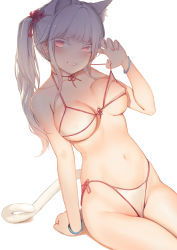 Rule 34 | 1girl, animal ear fluff, animal ears, arm support, bare arms, bare shoulders, bikini, breasts, breasts apart, cat ears, cat girl, cat tail, choker, collarbone, covered erect nipples, extra ears, flower, front-tie bikini top, front-tie top, futoshi ame, grin, hair flower, hair ornament, halterneck, halterneck, hand up, highleg, highleg bikini, highres, long hair, looking at viewer, medium breasts, navel, original, ponytail, pulling own clothes, red choker, ribbon choker, side-tie bikini bottom, sidelocks, sitting, smile, solo, stomach, strap pull, string bikini, swimsuit, tail, thighs, white bikini, white hair, wristband