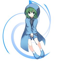 Rule 34 | 1other, androgynous, anmita (rarutos), blue coat, blue footwear, blue shorts, closed mouth, coat, commentary request, full body, green eyes, green hair, highres, hood, hood up, hooded coat, len&#039;en, long sleeves, looking at viewer, medium hair, other focus, shitodo aoji, shorts, smile, socks, solo, white socks
