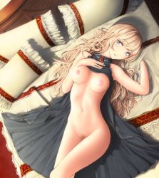 Rule 34 | 1girl, amputee, bed, black cloak, blonde hair, blue eyes, blush, breasts, cloak, clothes lift, female pubic hair, from above, gem, groin, hand up, head tilt, hip bones, indoors, knee up, long hair, lying, medium breasts, natomefu, navel, nipples, nude, on back, on bed, original, parted lips, pillow, pubic hair, sleeveless, solo, wavy hair