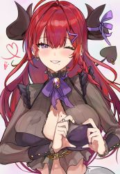 Rule 34 | alracoco, braid, breasts, cleavage, demon girl, demon horns, demon tail, earrings, eyelashes, fang, grin, hair ornament, hairclip, heart, heart-shaped boob challenge, heart hands, highres, horn ornament, horn ribbon, horns, jewelry, kureha akari, large breasts, mahoroba, mole, mole under mouth, multiple horns, one eye closed, purple eyes, red hair, ribbon, see-through, side braid, smile, solo, tail, upper body, virtual youtuber
