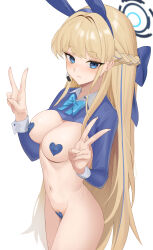 Rule 34 | 1girl, absurdres, animal ears, bare shoulders, blonde hair, blue archive, blue bow, blue eyes, blue hairband, blue leotard, bow, bowtie, braid, breasts, closed mouth, covered erect nipples, double v, fake animal ears, guntree, hairband, halo, hands up, heart maebari, heart pasties, highleg, highleg leotard, highres, leotard, long hair, maebari, medium breasts, microphone, nude, official alternate costume, official alternate hairstyle, pasties, playboy bunny, rabbit ears, shrug (clothing), simple background, solo, thighs, toki (blue archive), toki (bunny) (blue archive), v, very long hair, white background, wing collar, wrist cuffs