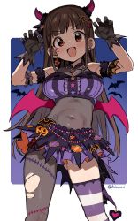 Rule 34 | 1girl, arm garter, black bodysuit, black gloves, blush, bodysuit, breasts, brown hair, claw pose, covered navel, demon horns, demon wings, earrings, feet out of frame, gloves, halloween costume, highres, horns, idolmaster, idolmaster shiny colors, jewelry, looking at viewer, medium breasts, purple tube top, shisoneri, single thighhigh, smile, solo, sonoda chiyoko, star (symbol), star earrings, star sticker, sticker on face, strapless, thighhighs, torn bodysuit, torn clothes, tube top, wings