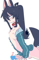 Rule 34 | 1boy, animal ears, ass, bare shoulders, black hair, blue eyes, blush, censored, choker, closed mouth, commentary, cum, cumdrip, dog ears, dog tail, flat chest, from side, heart, heart censor, highres, long hair, male focus, male masturbation, masturbation, nipples, off shoulder, op na yarou, original, ponytail, simple background, solo, sweat, tail, testicles, trap, white background, zense-kun (op na yarou)