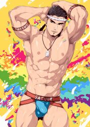 Rule 34 | 1boy, abs, bara, black hair, blue male underwear, bulge, facial hair, feather necklace, highres, jewelry, jockstrap, large pectorals, male focus, male underwear, mazjojo, muscular, muscular male, navel, necklace, nipples, pectorals, rainbow background, real life, sasuke daru, short hair, solo, thick thighs, thighs, underwear