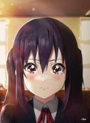 Rule 34 | 1girl, absurdres, bad id, bad pixiv id, black hair, blush, highres, huge filesize, k-on!, long hair, nakano azusa, portrait, red eyes, solo, tearing up, tears, twintails, verse