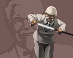 Rule 34 | 1boy, cane, colonel sanders, concealed weapon, facial hair, formal, glasses, grin, kfc, kuroko (piii), male focus, mustache, old, old man, sheath, smile, solo, string tie, suit, sword, sword cane, unsheathing, weapon, white hair