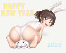 Rule 34 | 1girl, absurdres, animal ears, ass, barefoot, brown eyes, brown hair, cameltoe, chinese new year, chinese zodiac, cleft of venus, fake animal ears, fang, feet, hair ornament, hair ribbon, happy new year, highres, leotard, new year, pet, playboy bunny, rabbit, rabbit ears, red ribbon, ribbon, sc naru, soles, year of the rabbit