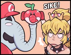 Rule 34 | !?, 1boy, 1girl, ^^^, apple, ayyk92, bare shoulders, blonde hair, blue eyes, bowsette, cabbie hat, collar, collarbone, constricted pupils, crown, dress, earrings, elephant fruit, elephant mario, facial hair, fang, food, fruit, hair between eyes, hat, holding, holding food, holding fruit, horns, jewelry, mario, mario (series), mustache, new super mario bros. u deluxe, nintendo, off-shoulder dress, off shoulder, open mouth, orange background, pointy ears, red apple, red headwear, spiked collar, spikes, super crown, super mario bros. wonder, surprised