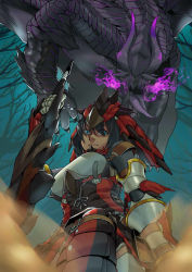 Rule 34 | 1girl, armor, black hair, blue eyes, capcom, cete, cete (controllingtime), claws, dragon, gauntlets, gore magala, greatsword, holding, holding weapon, horns, looking at viewer, looking down, monster hunter, monster hunter (series), monster hunter 4, rathalos (armor), sword, tongue, tongue out, weapon, wings