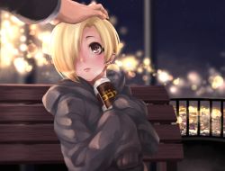 Rule 34 | 1girl, bench, blonde hair, brown eyes, can, canned coffee, commentary request, drink can, earrings, hand on another&#039;s head, headpat, highres, hood, hoodie, idolmaster, idolmaster cinderella girls, jewelry, parted lips, pov, pov hands, railing, shashaki, shirasaka koume, short hair, sleeves past wrists, solo focus