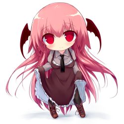 Rule 34 | 1girl, black dress, black necktie, boots, breasts, brown footwear, chibi, clothes lift, dress, dress lift, full body, head wings, koakuma, lifting own clothes, long hair, looking at viewer, medium breasts, necktie, pandamonium, red eyes, red hair, simple background, smile, solo, touhou, very long hair, white background, wings