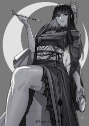 Rule 34 | 1girl, absurdres, bare shoulders, blunt bangs, commentary, crescent moon, feet out of frame, final fantasy, final fantasy xiv, flower, from below, greyscale, hair flower, hair ornament, highres, holding, holding smoking pipe, japanese clothes, kagematsuri, kimono, kiseru, knee up, lace collar, legs, long hair, looking at viewer, mole, mole under mouth, monochrome, moon, obi, obijime, off shoulder, parted lips, sash, sidelocks, smile, smoking pipe, solo, straight hair, twitter username, yotsuyu goe brutus