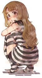 Rule 34 | 10s, 1girl, 7010, :o, bike shorts, blush, breasts, brown eyes, brown hair, full body, idolmaster, idolmaster million live!, large breasts, long hair, looking at viewer, looking back, miyao miya, prison clothes, shirt, simple background, solo, squatting, striped clothes, striped shirt, striped thighhighs, sweat, thighhighs, torn bike shorts, torn clothes, torn shirt, torn thighhighs, white background