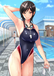 Rule 34 | 1boy, 1girl, ama natsuna, arm behind head, bad id, bad pixiv id, black eyes, black hair, black one-piece swimsuit, blue sky, blurry, breasts, building, cloud, commentary request, competition swimsuit, cowboy shot, day, depth of field, fence, goggles, goggles around neck, highres, large breasts, lips, looking at viewer, multicolored clothes, multicolored swimsuit, one-piece swimsuit, original, outdoors, parted lips, pool, short hair, sky, solo focus, swimsuit, wet, whistle, whistle around neck