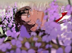 Rule 34 | 1boy, brown eyes, brown hair, collared shirt, crying, flower, heathcliff (project moon), highres, limbus company, necktie, parted lips, project moon, purple flower, red necktie, shirt, solo, suspenders, upper body, white shirt, yongsadragon
