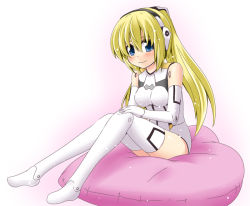 Rule 34 | 10s, 1girl, android, arnval, bare shoulders, blonde hair, blue eyes, blush, boots, breasts, busou shinki, closed mouth, doll joints, from side, full body, hair between eyes, hand on own knee, headphones, ichimi, joints, leotard, light smile, long hair, looking at viewer, pillow, ponytail, sitting, small breasts, smile, solo, thigh boots, thighhighs, twintails, white background, white footwear, white thighhighs