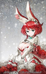 Rule 34 | 1girl, animal ears, baiguiyu, bracelet, breasts, christmas, closed mouth, commentary request, dress, elphelt valentine, english text, flower, gloves, green eyes, guilty gear, hairband, highres, jewelry, juliet sleeves, large breasts, long sleeves, looking at viewer, merry christmas, puffy sleeves, rabbit ears, red flower, red hair, red rose, rose, smile, snowing, solo, spiked bracelet, spiked hairband, spikes, upper body, white dress, white flower, white gloves, white rose